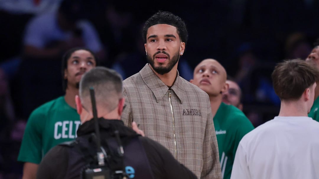 Oct 24, 2025; New York, New York, USA; Boston Celtics guard Jayson Tatum, center, looks on during the fourth quarter against the New York Knicks at Madison Square Garden. Mandatory Credit: Vincent Carchietta-Imagn Images Oct 24, 2025; New York, New York, USA; Boston Celtics guard Jayson Tatum, center, looks on during the fourth quarter against the New York Knicks at Madison Square Garden. Mandatory Credit: Vincent Carchietta-Imagn Images