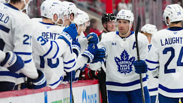 Apr 13, 2025; Raleigh, North Carolina, USA; Toronto Maple Leafs center John Tavares (91) celebrates a goal against the Carolina Hurricanes during the third period at Lenovo Center. Mandatory Credit: James Guillory-Imagn Images