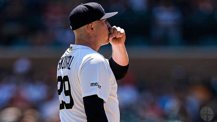 Detroit Tigers pitcher Tarik Skubal (29) looks on before throwing a pitch against Philadelphia Phillies during the sixth inning at Comerica Park in Detroit on Sunday, July 12, 2026.