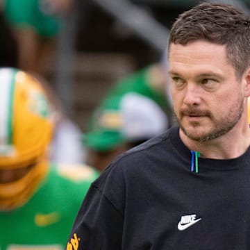 Oregon head coach Dan Lanning takes the field as the No. 9 Oregon Ducks host Washington State Saturday, Oct. 21, 2023, at Autzen Stadium in Eugene, Ore.