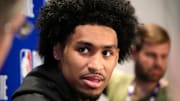 May 14, 2025; Chicago, Il, USA; Dylan Harper talks to the media during the 2025 NBA Draft Combine at Marriott Marquis Chicago.