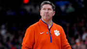 Mar 20, 2025; Providence, RI, USA; Clemson Tigers head coach Brad Brownell looks during the second half against the McNeese State Cowboys at Amica Mutual Pavilion