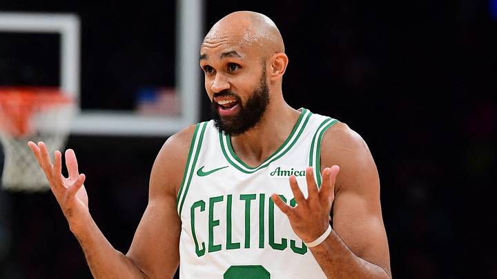 Nov 23, 2025; Boston, Massachusetts, USA; Boston Celtics guard Derrick White (9) reacts towards the official after a play during the second half against the Orlando Magic at TD Garden. Mandatory Credit: Bob DeChiara-Imagn Images