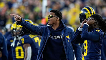 Michigan defensive back Will Johnson (2) reacts to a referee call that ruled an incomplete pass intended for tight end Colston Lovelan (not in the photo) during the second half against Oregon at Michigan Stadium in Ann Arbor on Saturday, Nov. 2, 2024.