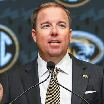 Missouri Tigers coach Eliah Drinkwitz talks to the media during the SEC Media Days at Omni Atlanta Hotel.