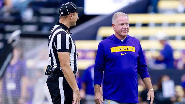 Sep 7, 2024; Baton Rouge, Louisiana, USA; LSU Tigers head coach Brian Kelly walks the field during pregame before the game against the Nicholls State Colonels at Tiger Stadium. Mandatory Credit: Stephen Lew-Imagn Images