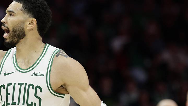 Mar 29, 2026; Charlotte, North Carolina, USA; Boston Celtics forward/guard Jayson Tatum (0) reacts to the crowd after making a basket during the second half against the Charlotte Hornets at Spectrum Center. Mandatory Credit: Brian Westerholt-Imagn Images