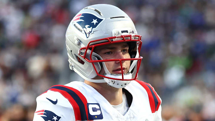 Feb 8, 2026; Santa Clara, CA, USA; New England Patriots quarterback Drake Maye (10) leaves the field at halftime against the Seattle Seahawks in Super Bowl LX at Levi's Stadium. Mandatory Credit: Mark J. Rebilas-Imagn Images