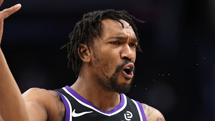 Feb 1, 2026; Washington, District of Columbia, USA; Sacramento Kings guard Malik Monk (0) argues a call during the first half against the Washington Wizards at Capital One Arena. Mandatory Credit: Daniel Kucin Jr.-Imagn Images