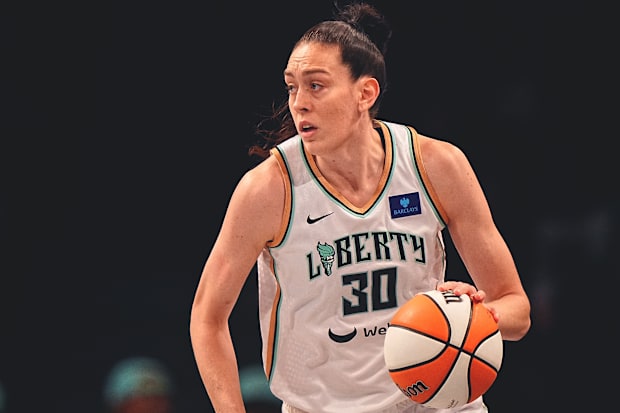 New York Liberty forward Breanna Stewart dribbles the ball. 