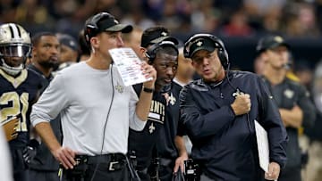 Sep 17, 2017; New Orleans, LA, USA; New Orleans Saints defensive coordinator Dennis Allen, secondary coach Aaron Glenn and head coach Sean Payton in the second half against the New England Patriots at the Mercedes-Benz Superdome. The Patriots won, 36-20. Mandatory Credit: Chuck Cook-Imagn Images