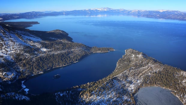 Lake Tahoe with a beautiful mountain scene in the background.