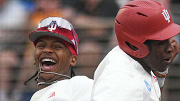 Indiana's Devin Taylor (5) and Indiana's Andrew Wiggins (13) celebrate after Taylor hits a home run during a NCAA Baseball Tournament Knoxville Regional game at Lindsey Nelson Stadium on Saturday, June 1, 2024 in Knoxville, Tenn.