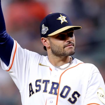 Houston Astros starting pitcher Lance McCullers Jr. (43) acknowledges the fans before receiving his 2022 World Series championship ring prior to the game against the Chicago White Sox at Minute Maid Park in 2023.