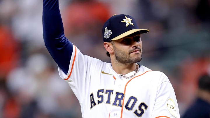 Houston Astros starting pitcher Lance McCullers Jr. (43) acknowledges the fans before receiving his 2022 World Series championship ring prior to the game against the Chicago White Sox at Minute Maid Park in 2023.