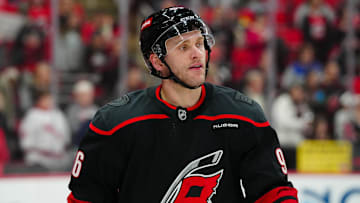 Mar 6, 2025; Raleigh, North Carolina, USA;  Carolina Hurricanes right wing Mikko Rantanen (96) looks on during the warmups before the game against the Boston Bruins at Lenovo Center. Mandatory Credit: James Guillory-Imagn Images