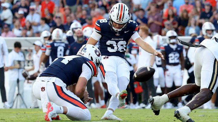 Sep 26, 2026; Auburn, Alabama, USA;  Auburn Tigers kicker Alex McPherson (38) attempts a field goal during the thirds quarter against the Vanderbilt Commodores at Jordan-Hare Stadium. The kick was good.  Mandatory Credit: John Reed-Imagn Images