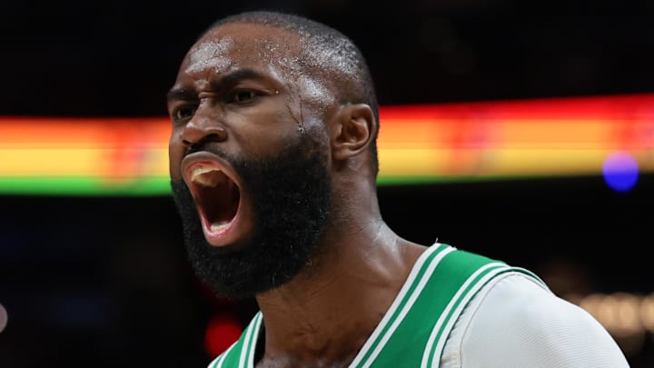 Apr 1, 2026; Miami, Florida, USA; Boston Celtics guard Jaylen Brown (7) reacts against the Miami Heat during the third quarter at Kaseya Center. Mandatory Credit: Sam Navarro-Imagn Images