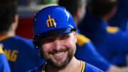 Seattle Mariners catcher Cal Raleigh (29) celebrates after hitting a 3-run home run against the Tampa Bay Rays during the eighth inning at T-Mobile Park on Aug. 8. 