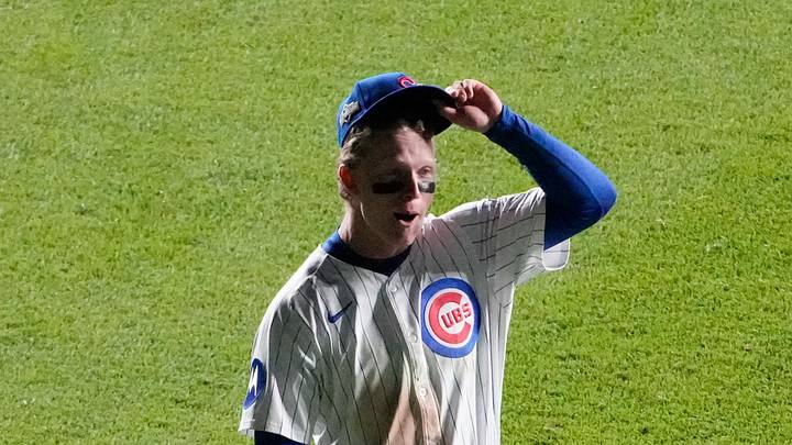Oct 8, 2025; Chicago, Illinois, USA; Chicago Cubs center fielder Pete Crow-Armstrong (4) celebrates after defeating the Milwaukee Brewers in game three of the NLDS round for the 2025 MLB playoffs at Wrigley Field. Mandatory Credit: David Banks-Imagn Images