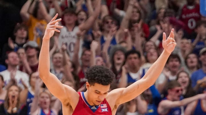 Mar 5, 2024; Lawrence, Kansas, USA; Kansas Jayhawks guard Kevin McCullar Jr. (15) celebrates against the Kansas State Wildcats at a time out during the second half at Allen Fieldhouse. Mandatory Credit: Denny Medley-USA TODAY Sports