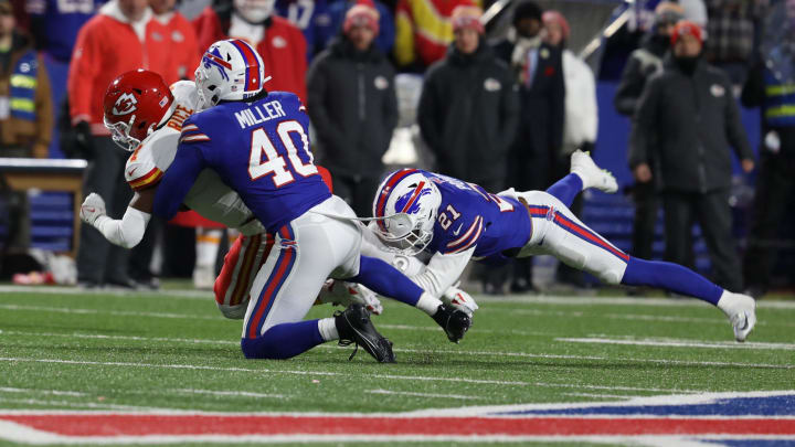 Bills Von Miller and Jordan Poyer take down Chiefs Rashee Rice during the second half of the Bills divisional game against Kansas City Chiefs at Highmark Stadium in Orchard Park on Jan. 21, 2024.