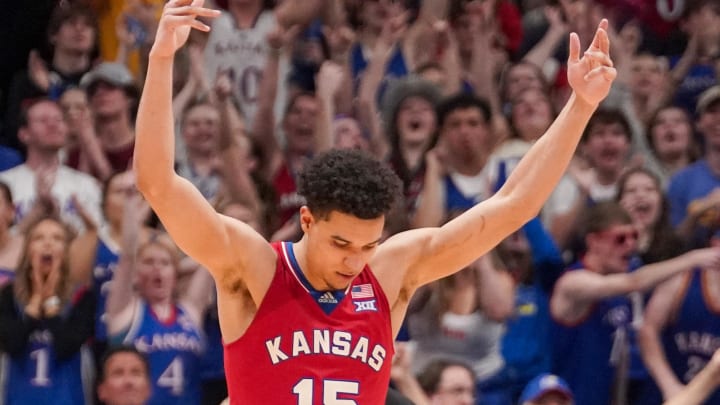 Mar 5, 2024; Lawrence, Kansas, USA; Kansas Jayhawks guard Kevin McCullar Jr. (15) celebrates against the Kansas State Wildcats at a time out during the second half at Allen Fieldhouse. Mandatory Credit: Denny Medley-USA TODAY Sports