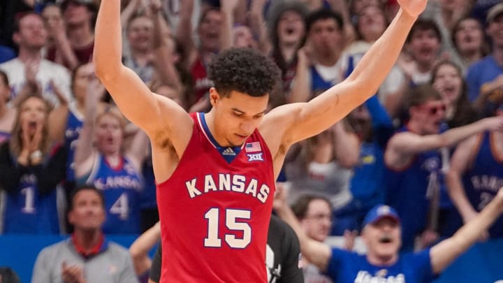 Mar 5, 2024; Lawrence, Kansas, USA; Kansas Jayhawks guard Kevin McCullar Jr. (15) celebrates against the Kansas State Wildcats at a time out during the second half at Allen Fieldhouse. Mandatory Credit: Denny Medley-USA TODAY Sports