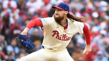 Apr 6, 2025; Philadelphia, Pennsylvania, USA; Philadelphia Phillies pitcher Matt Strahm (25) throws a pitch during the eighth inning against the Los Angeles Dodgers at Citizens Bank Park.