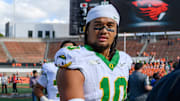 Sep 14, 2024; Corvallis, Oregon, USA; Oregon Ducks offensive lineman Iapani Laloulu (72) and Oregon Ducks defensive end Matayo Uiagalelei (10) leave the field after the game against the Oregon State Beavers at Reser Stadium. Mandatory Credit: Craig Strobeck-Imagn Images