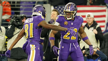 Nov 27, 2025; Baltimore, Maryland, USA; Baltimore Ravens running back Derrick Henry (22) reacts after scoring a touchdown against the Cincinnati Bengals during the first half at M&T Bank Stadium. Mandatory Credit: Mitch Stringer-Imagn Images