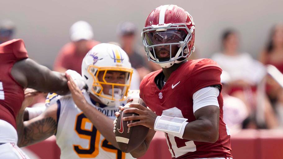 Alabama quarterback Keelon Russell looks downfield to pass during the game with East Carolina.