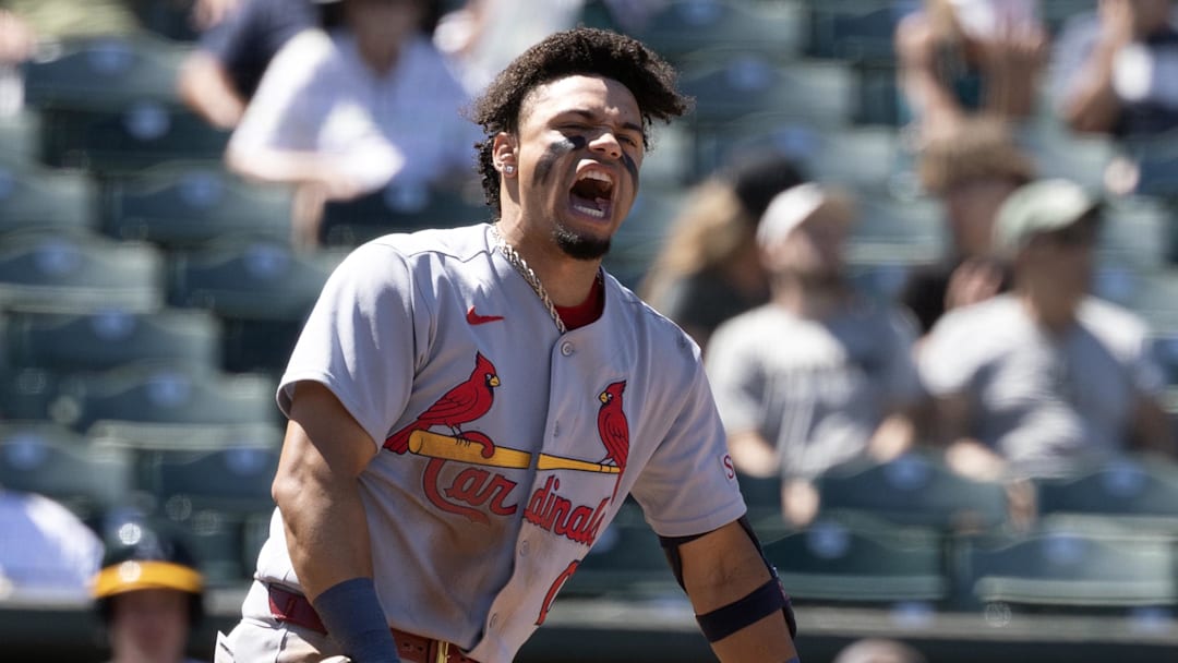May 14, 2026; West Sacramento, California, USA; St. Louis Cardinals shortstop Masyn Winn (0) reacts to being hit by a pitch from the Athletics during the ninth inning at Sutter Health Park. Mandatory Credit: D. Ross Cameron-Imagn Images May 14, 2026; West Sacramento, California, USA; St. Louis Cardinals shortstop Masyn Winn (0) reacts to being hit by a pitch from the Athletics during the ninth inning at Sutter Health Park. Mandatory Credit: D. Ross Cameron-Imagn Images