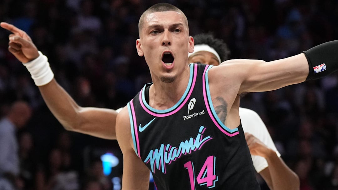 Miami Heat guard Tyler Herro (14) tries to persuade (Mandatory Credit: Jim Rassol-Imagn Images)