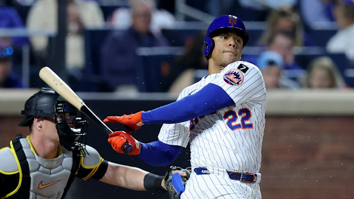 New York Mets right fielder Juan Soto follows through on an RBI groundout against the Pittsburgh Pirates.