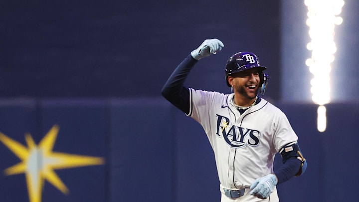 Tampa Bay Rays outfielder Jose Siri celebrates after hitting a home run against the Boston Red Sox.