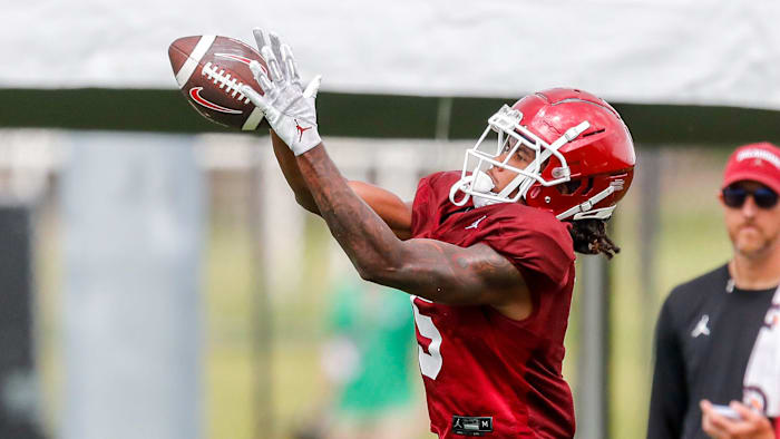Andrel Anthony (5) runs drills during OU football practice in Norman, Okla., on Monday, Aug. 14,