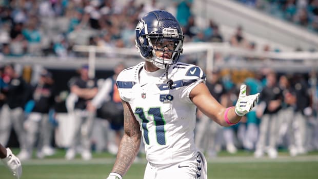 Seattle Seahawks wide receiver Jaxon Smith-Njigba lines up before the play against the Jacksonville Jaguars