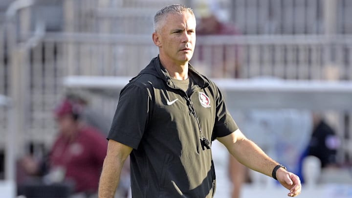 Sep 2, 2024; Tallahassee, Florida, USA; Florida State Seminoles head coach Mike Norvell before the game against the Boston College Eagles at Doak S. Campbell Stadium. Mandatory Credit: Melina Myers-Imagn Images