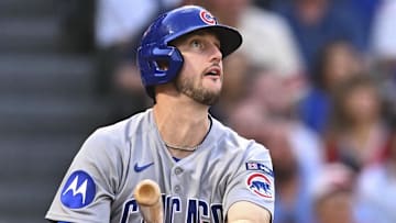 Aug 23, 2025; Anaheim, California, USA; Chicago Cubs outfielder Kyle Tucker (30) hits a two-run home run against the Los Angeles Angels during the third inning at Angel Stadium. 