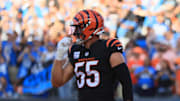 Oct 5, 2025; Cincinnati, Ohio, USA; Detroit Lions tight end Brock Wright (89) runs for a touchdown past Cincinnati Bengals linebacker Logan Wilson (55) during the second quarter at Paycor Stadium. Mandatory Credit: Katie Stratman-Imagn Images