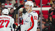 Nov 3, 2024; Raleigh, North Carolina, USA;  Washington Capitals defenseman Dylan McIlrath (52) looks on against the Carolina Hurricanes during the first period at Lenovo Center. Mandatory Credit: James Guillory-Imagn Images