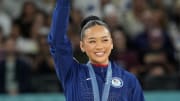 Sunisa Lee of the United States reacts after winning the bronze medal during the Paris 2024 Olympic Summer Games.