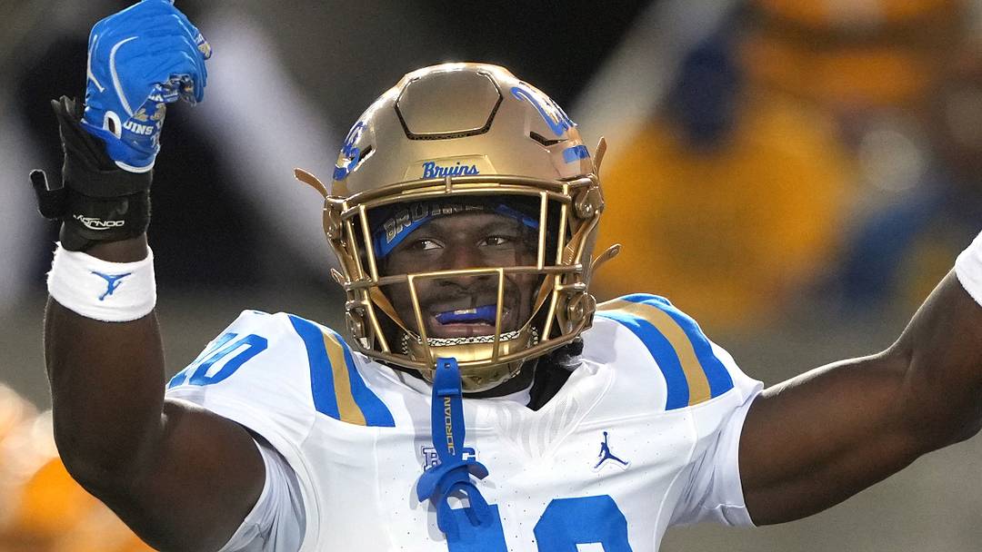 Sep 5, 2026; Berkeley, California, USA; UCLA Bruins linebacker Sammy Omosigho (10) reacts after a tackle against the California Golden Bears during the first quarter at California Memorial Stadium. Mandatory Credit: Darren Yamashita-Imagn Images
