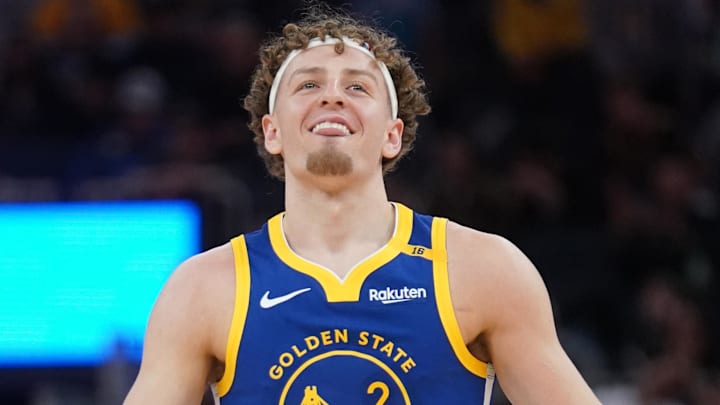 Apr 6, 2025; San Francisco, California, USA; Golden State Warriors guard Brandin Podziemski (2) reacts after missing a three point attempt against the Houston Rockets in the fourth quarter at the Chase Center. Mandatory Credit: Cary Edmondson-Imagn Images