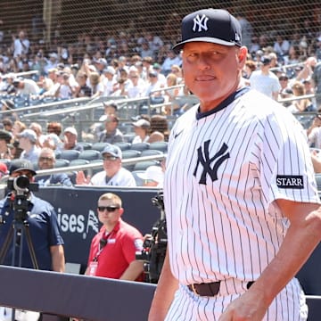 Aug 9, 2025; Bronx, New York, USA;  Former New York Yankees pitcher Roger Clemens during the Old Timer’s Day Ceremony at Yankee Stadium. Mandatory Credit: Wendell Cruz-Imagn Images