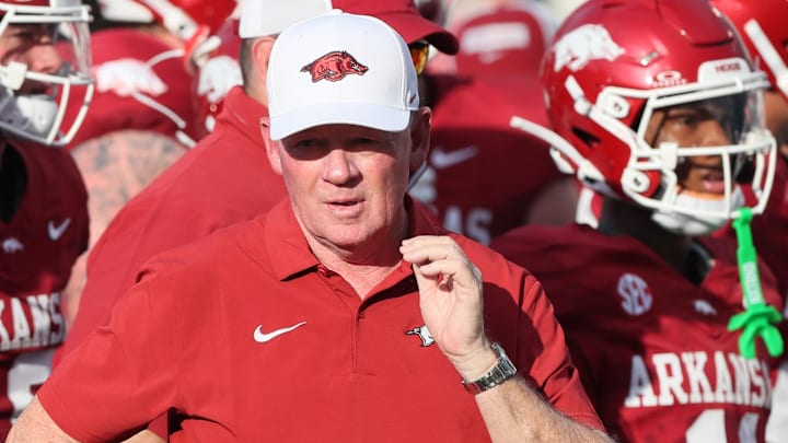 Arkansas Razorbacks offensive coordinator Bobby Petrino prior to the game against the Arkansas-Pine Bluff Golden Lions at War Memorial Stadium.