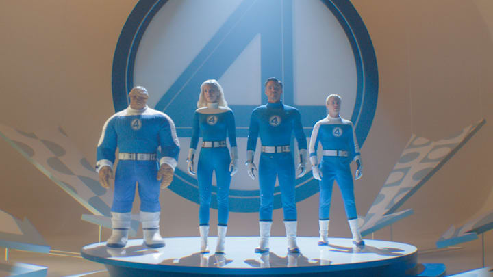 (L-R): Ebon Moss-Bachrach as Ben Grimm/The Thing, Vanessa Kirby as Sue Storm/Invisible Woman, Pedro Pascal as Reed Richards/Mister Fantastic and Joseph Quinn as Johnny Storm/Human Torch in 20th Century Studios/Marvel Studios' FANTASTIC FOUR: FIRST STEPS. Photo courtesy of 20th Century Studios/Marvel Studios. © 2025 20th Century Studios / © and ™ 2025 MARVEL.