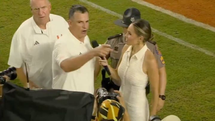 Miami head coach Mario Cristobal was fired up after the No. 10 Hurricanes beat No. 6 Notre Dame.