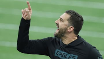 Feb 9, 2025; New Orleans, LA, USA;  Philadelphia Eagles head coach Nick Sirianni reacts against the Kansas City Chiefs in the first quarter in Super Bowl LIX at Ceasars Superdome. Mandatory Credit: Stephen Lew-Imagn Images